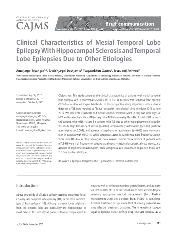 (PDF) Clinical Characteristics of Mesial Temporal Lobe Epilepsy With ...