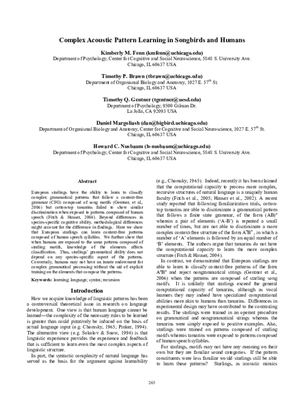 (PDF) Complex Acoustic Pattern Learning in Songbirds and Humans