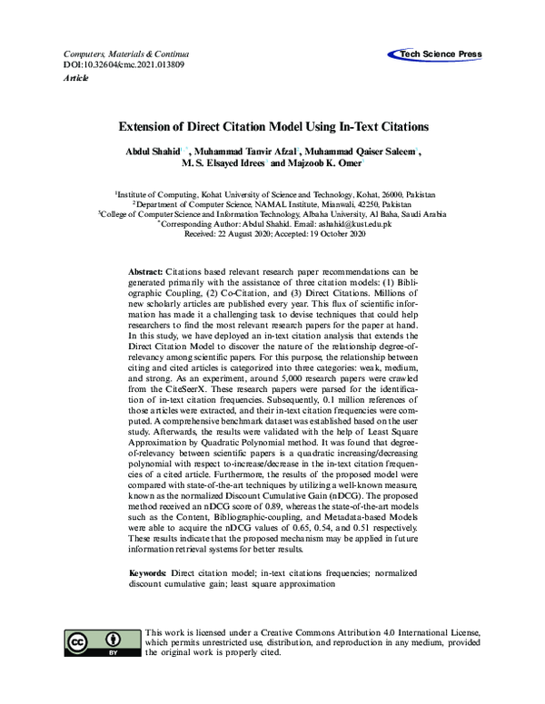 (PDF) Extension of Direct Citation Model Using In-Text Citations