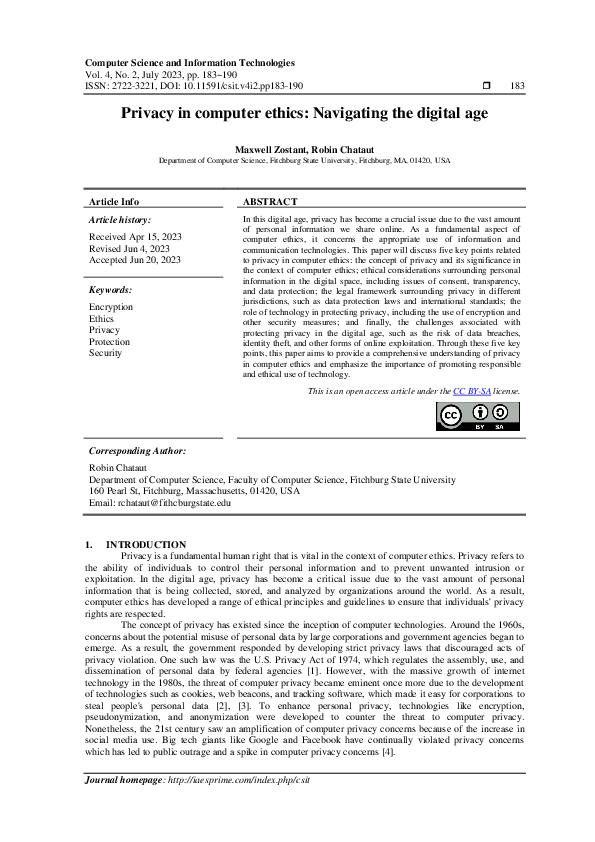 (PDF) Privacy in computer ethics: Navigating the digital age