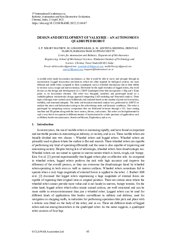 (PDF) Design and development of Valkyrie – An autonomous quadruped robot