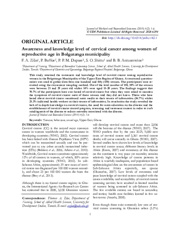 (PDF) Awareness and knowledge level of cervical cancer among women of ...
