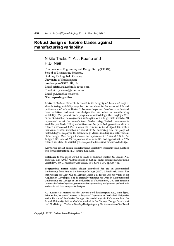 (PDF) Robust design of turbine blades against manufacturing variability