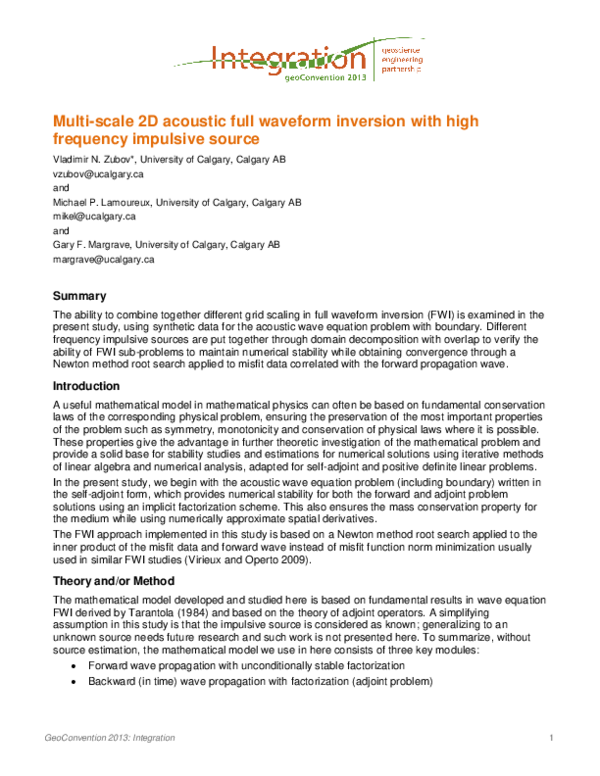 (PDF) Multi-scale 2D acoustic full waveform inversion with high ...