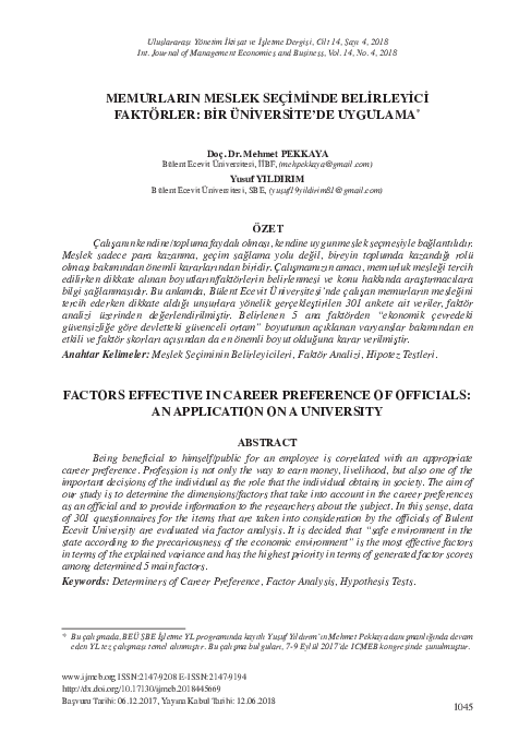 Memurlarin Meslek Seçi̇mi̇nde Beli̇rleyi̇ci̇ Faktörler: Bi̇r Üni̇versi̇te De Uygulama