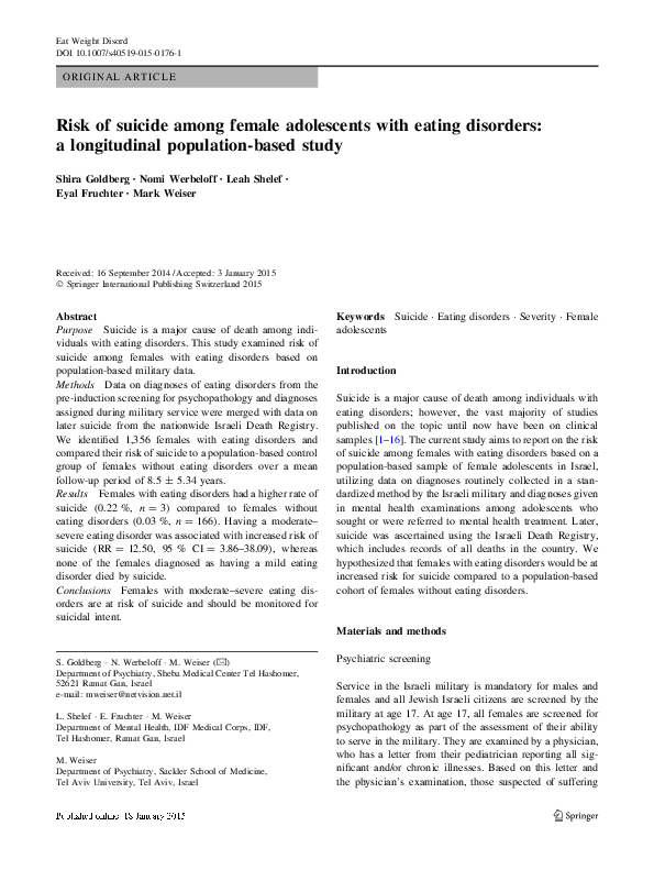 (PDF) Risk of suicide among female adolescents with eating disorders: a ...