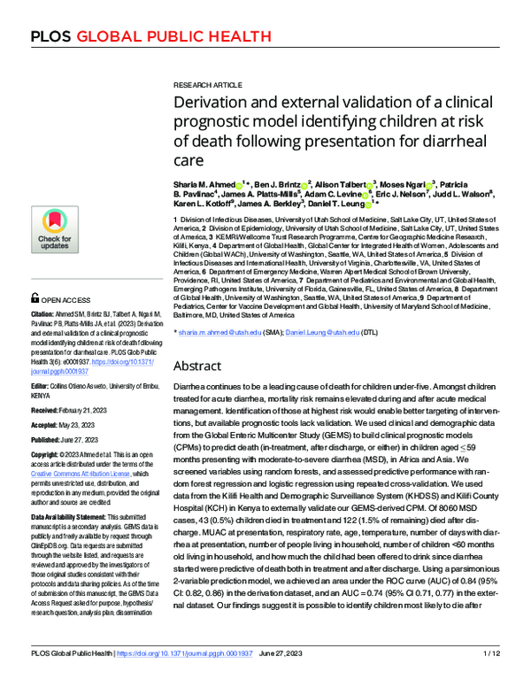 (PDF) Derivation and external validation of a clinical prognostic model ...