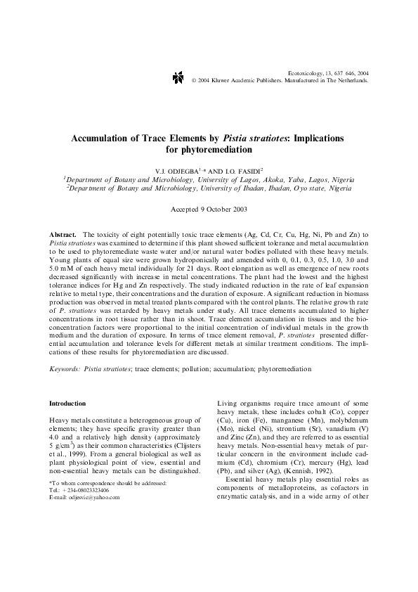 (PDF) Accumulation of Trace Elements by Pistia stratiotes: Implications ...