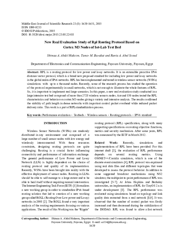 (PDF) New Real Evaluation Study of Rpl Routing Protocol Based on Cortex ...