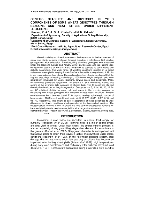 (PDF) Genetic Stability and Diversity in Yield Components of Some Wheat ...