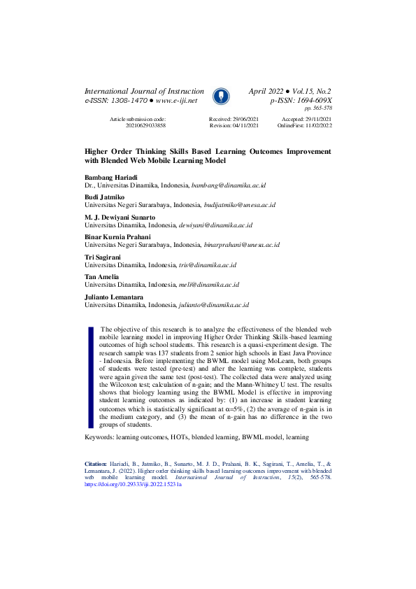 (PDF) Higher Order Thinking Skills Based Learning Outcomes Improvement ...