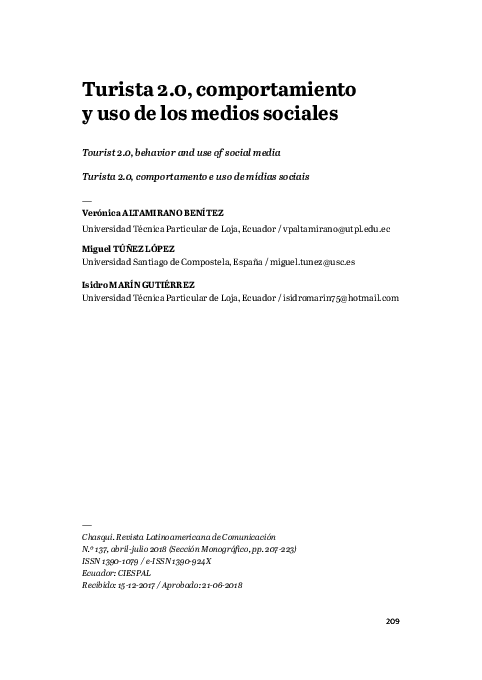 Turista 2.0, comportamiento y uso de los medios sociales