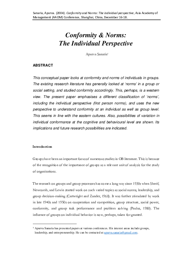(PDF) Conformity and Norms: The Individual Perspective