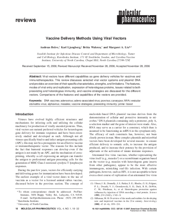 (PDF) Vaccine Delivery Methods Using Viral Vectors