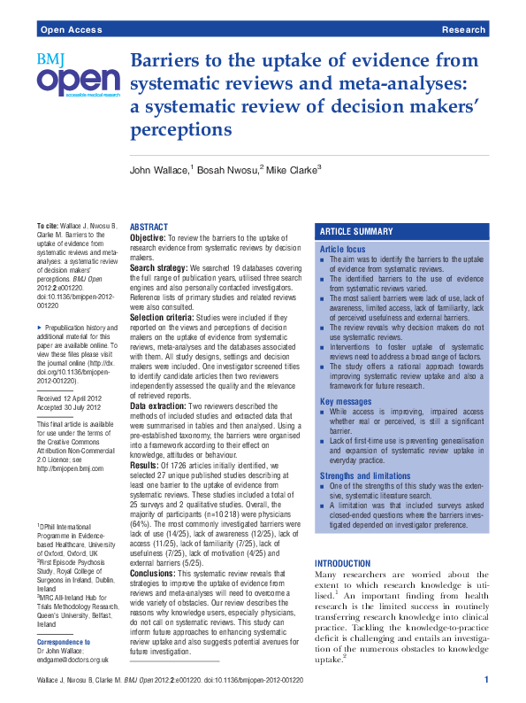 (PDF) Barriers to the uptake of evidence from systematic reviews and ...