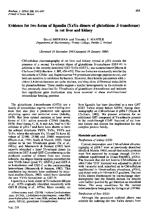PDF) Evidence for two forms of ligandin (YaYa dimers of glutathione  S-transferase) in rat liver and kidney