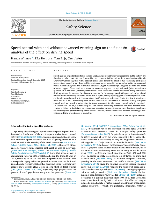 (PDF) Speed control with and without advanced warning sign on the field ...