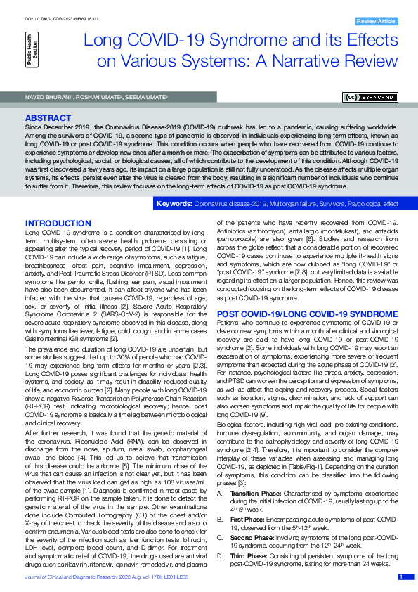 (PDF) Long COVID-19 Syndrome and its Effects on Various Systems: A ...
