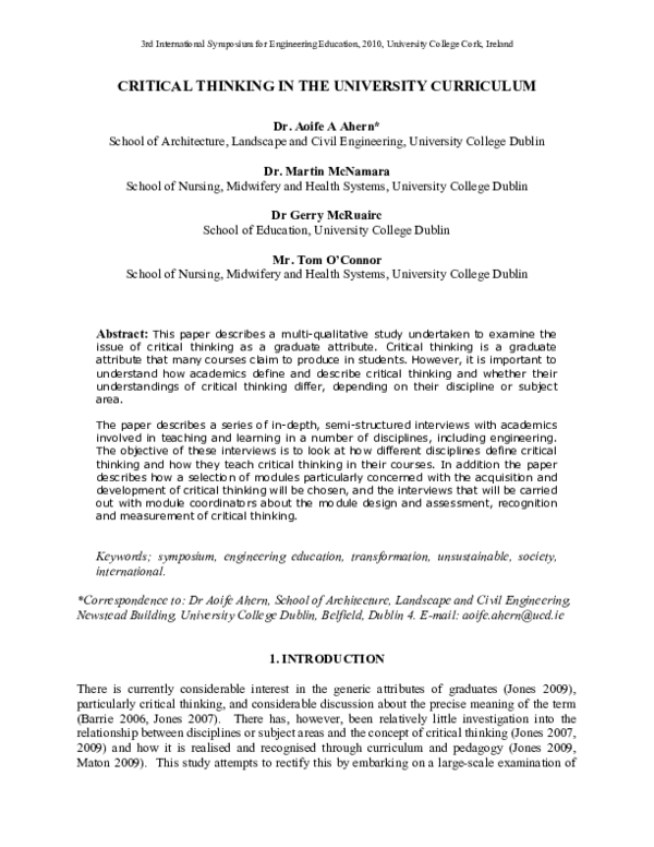 (DOC) Critical thinking in the university curriculum