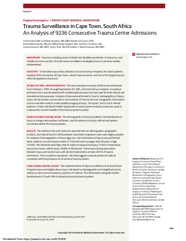 (PDF) Trauma Surveillance in Cape Town, South Africa
