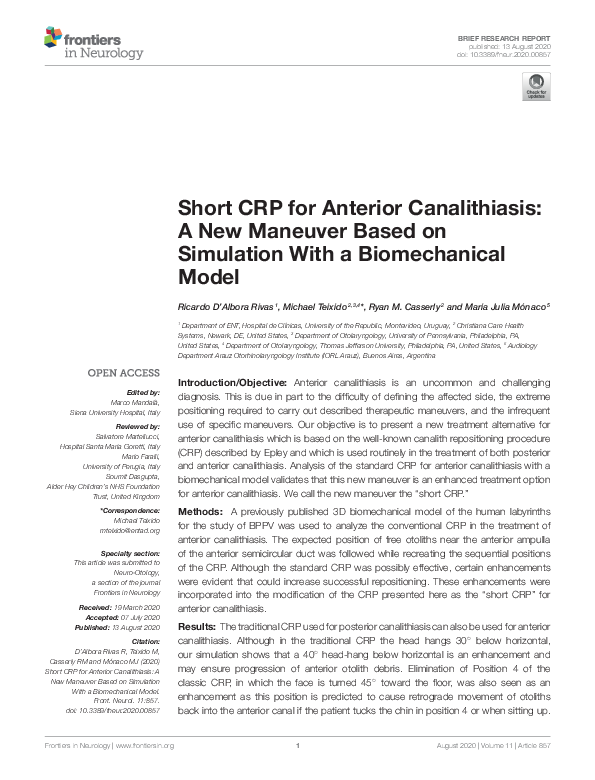 (PDF) Short CRP for Anterior Canalithiasis: A New Maneuver Based on ...