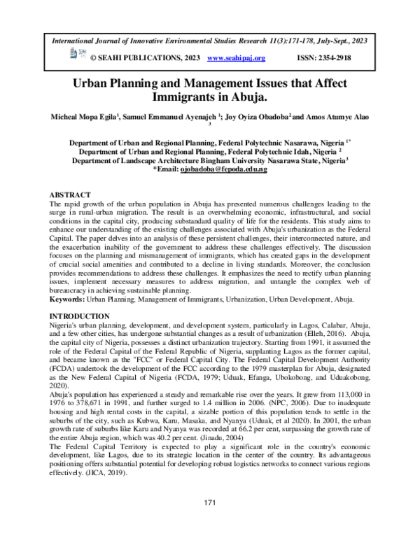 (PDF) Urban Planning and Management Issues that Affect Immigrants in Abuja