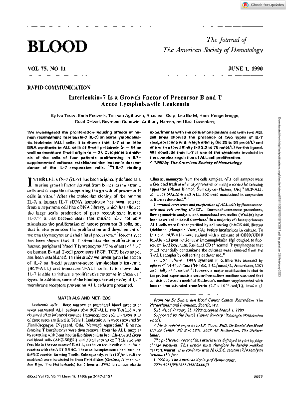 (PDF) Interleukin-7 is a growth factor of precursor B and T acute ...