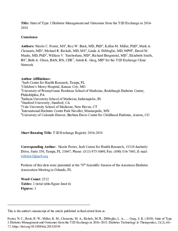 (PDF) State of Type 1 Diabetes Management and Outcomes from the T1D ...
