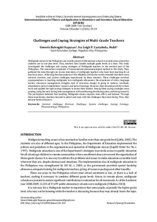 (PDF) Challenges and Coping Strategies of Multi-Grade Teachers