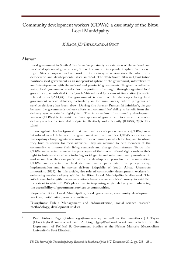 (PDF) Community development workers (CDWs): a case study of the Bitou ...