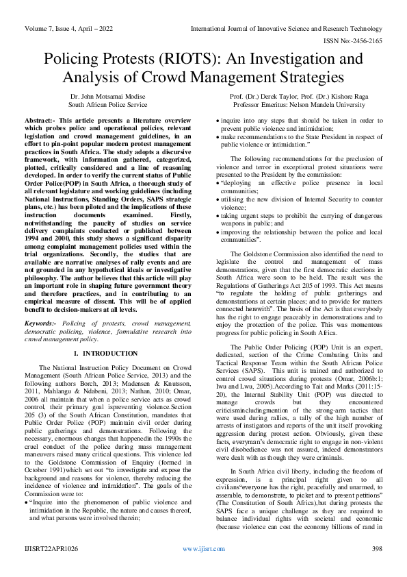 (PDF) Policing Protests (RIOTS): An Investigation and Analysis of Crowd ...
