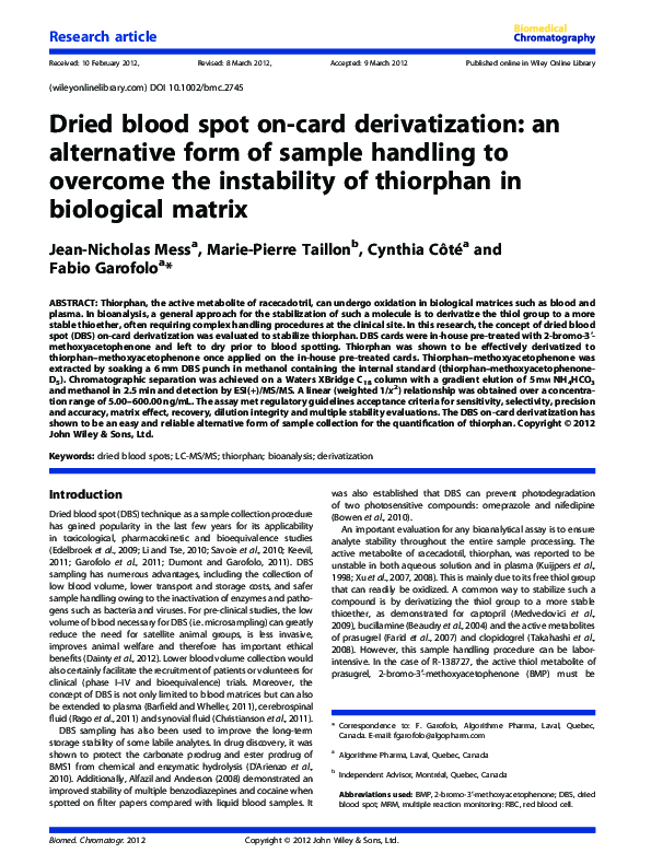 (PDF) Dried blood spot on-card derivatization: an alternative form of ...