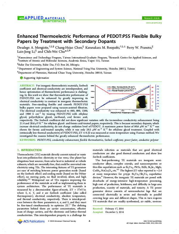 (PDF) Enhanced Thermoelectric Performance of PEDOT:PSS Flexible Bulky ...