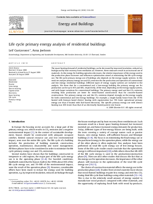 (PDF) Life cycle primary energy analysis of residential buildings