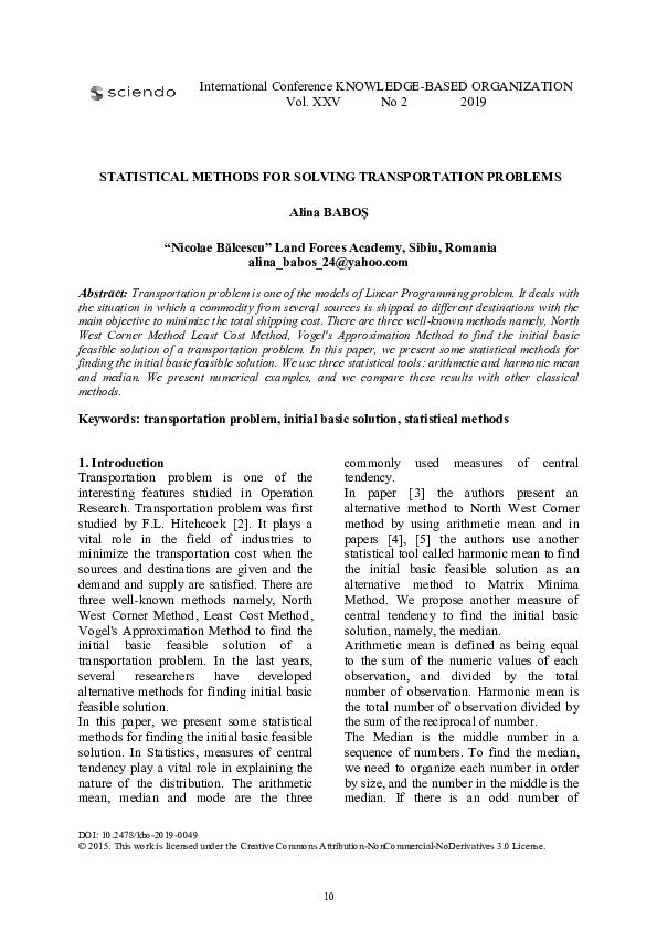 (PDF) Statistical Methods for Solving Transportation Problems