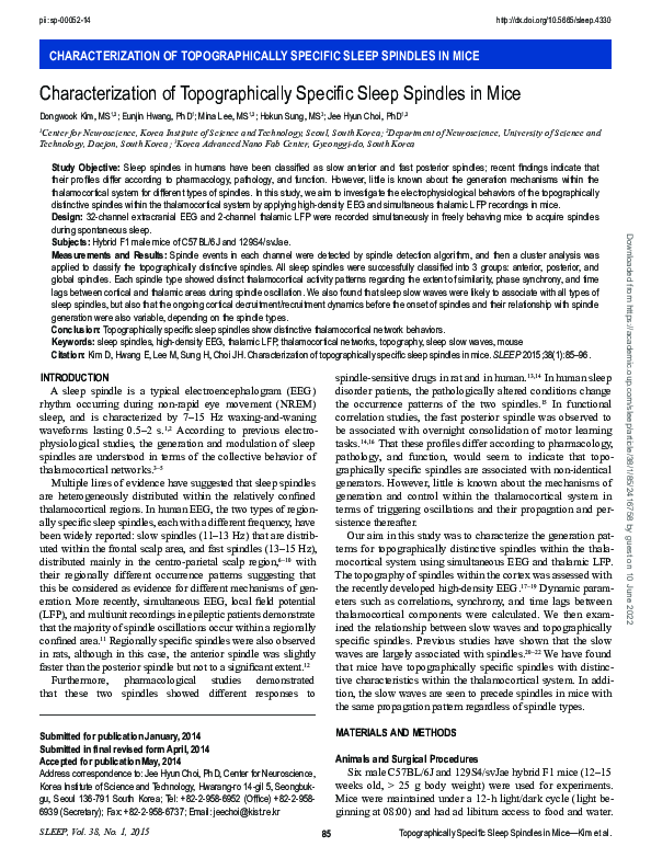 (PDF) Characterization of Topographically Specific Sleep Spindles in Mice
