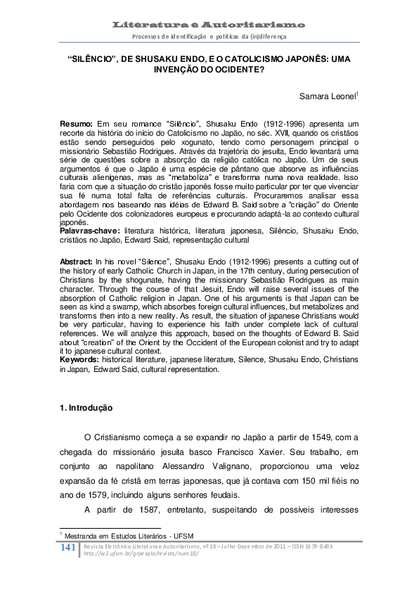 (PDF) Silêncio, de Shusaku Endo, e o catolicismo japonês uma