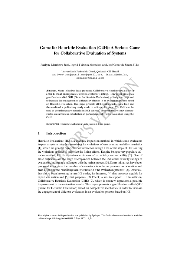 (PDF) Game for Heuristic Evaluation (G4H): A Serious Game for ...