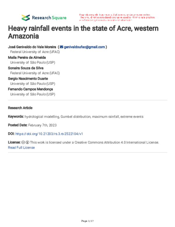 Heavy rainfall events in the state of Acre, western Amazonia