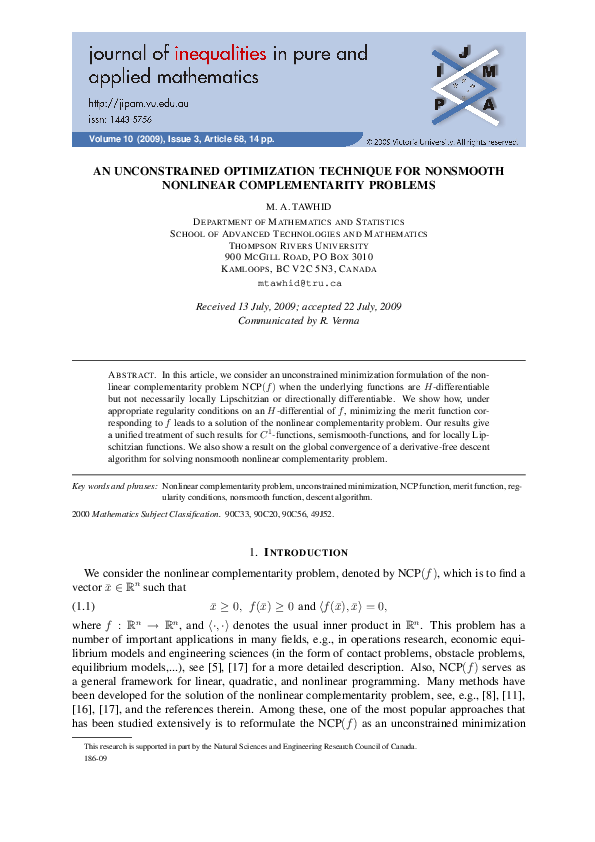 (PDF) An Unconstrained Optimization Technique for Nonsmooth Nonlinear ...