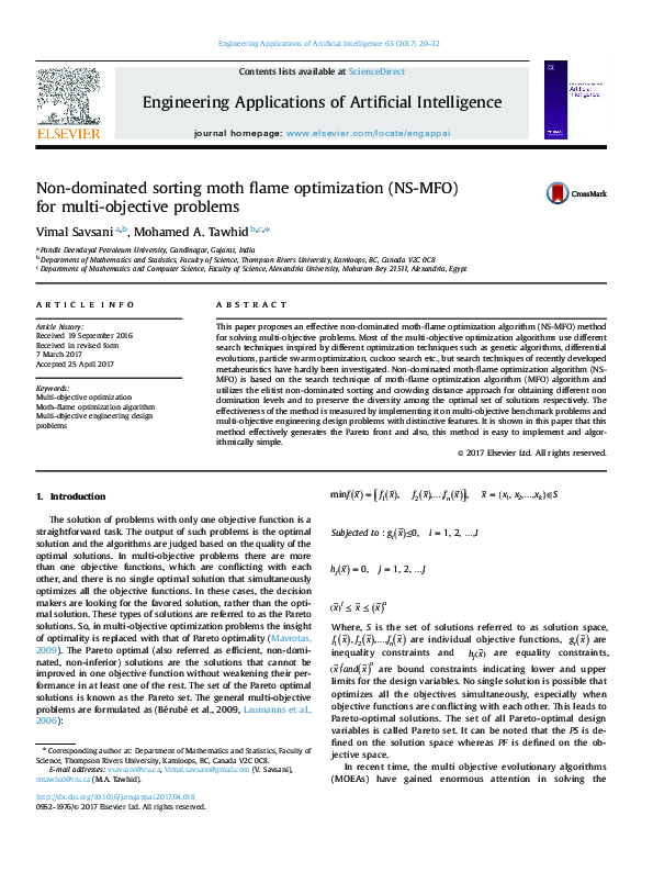 (PDF) Non-dominated sorting moth flame optimization (NS-MFO) for multi ...