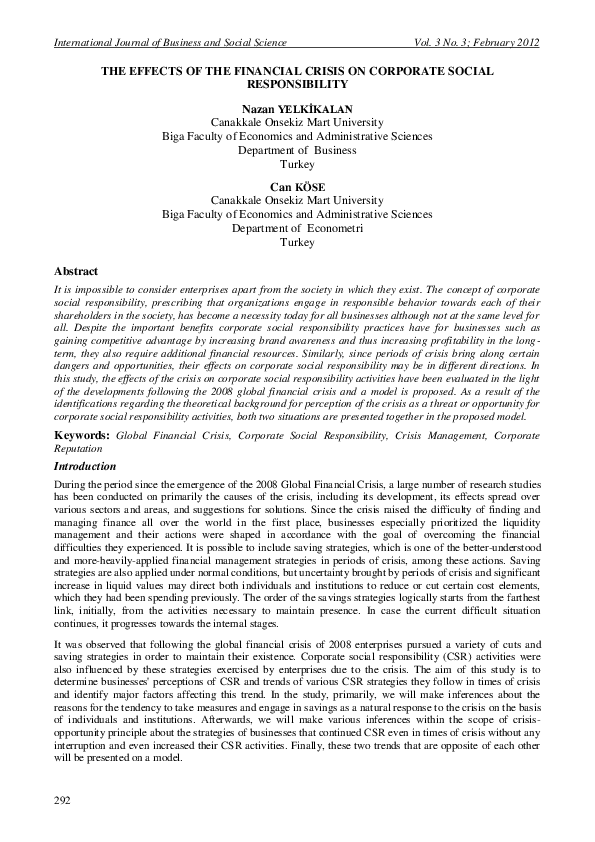 (PDF) The Effects of the Financial Crisis on Corporate Social ...