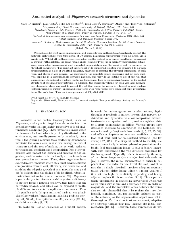 (PDF) Automated analysis of Physarum network structure and dynamics