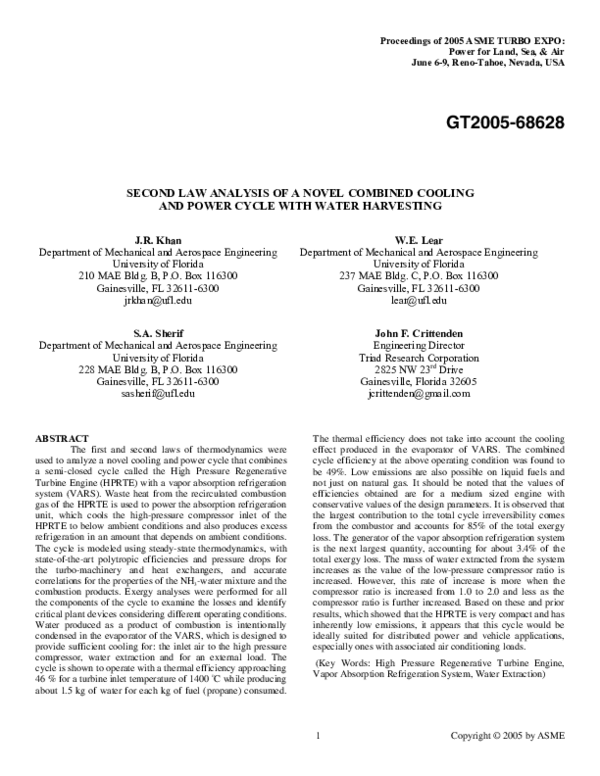 (PDF) Second Law Analysis of a Novel Combined Cooling and Power Cycle ...