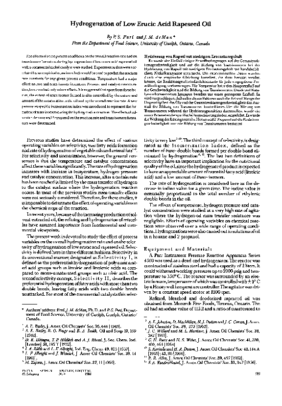 (PDF) Hydrogenation of Low Erucic Acid Rapeseed Oil