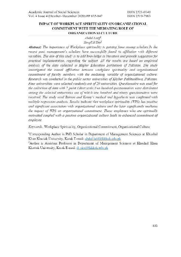 (PDF) Impact of Workplace Spirituality on Organizational Commitment ...