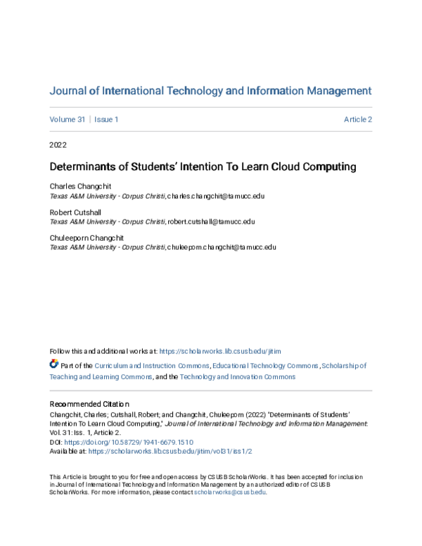 (PDF) Determinants of Students’ Intention To Learn Cloud Computing