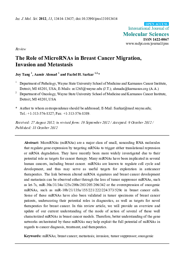 (PDF) The Role of MicroRNAs in Breast Cancer Migration, Invasion and ...