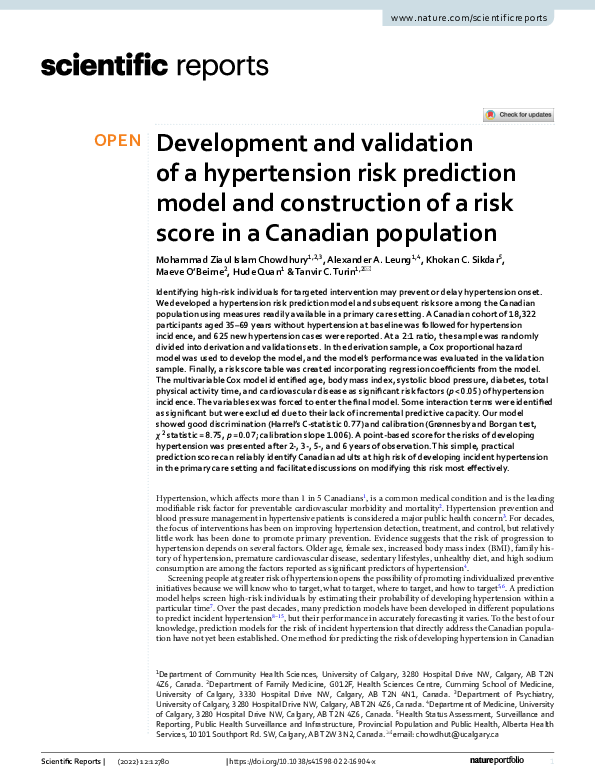 (PDF) Development and validation of a hypertension risk prediction ...