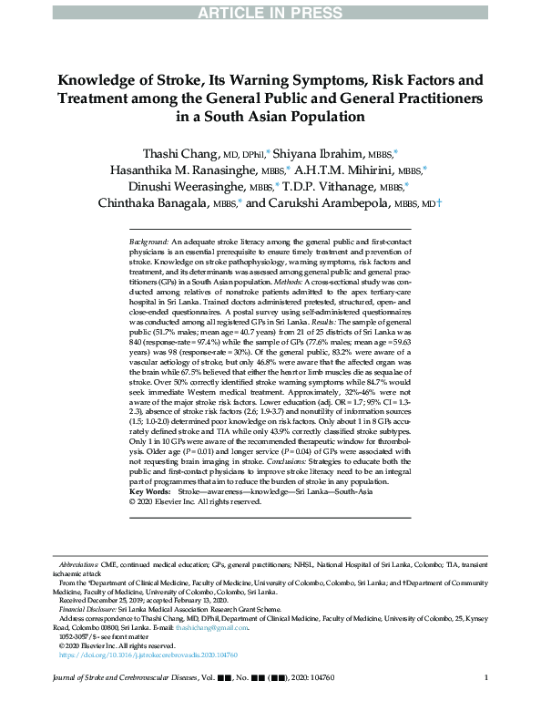 (PDF) Knowledge of Stroke, Its Warning Symptoms, Risk Factors and ...
